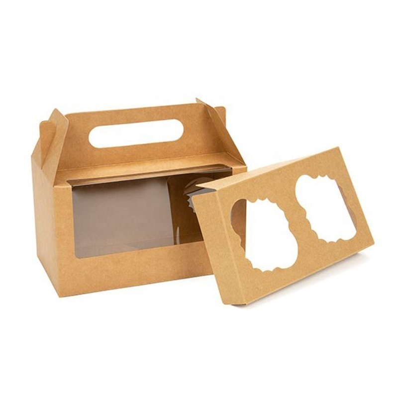 Custom Design Cupcakes Brown Kraft Paper Packaging Box Muffin Gable Box With Clear Window