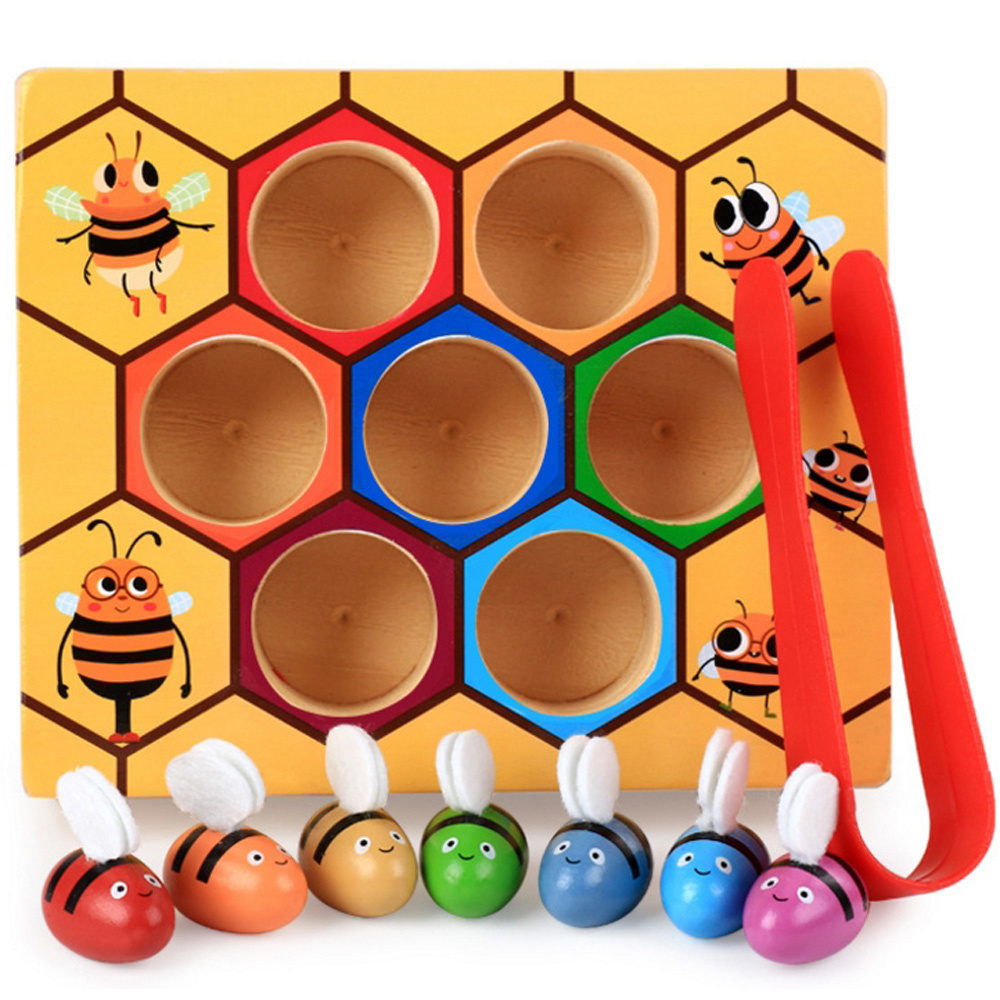 Early educational toddler game wooden lovely bee picking toy catching practices for baby