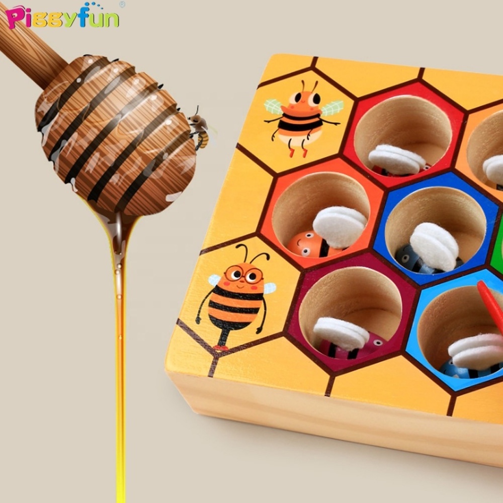 Early educational toddler game wooden lovely bee picking toy catching practices for baby