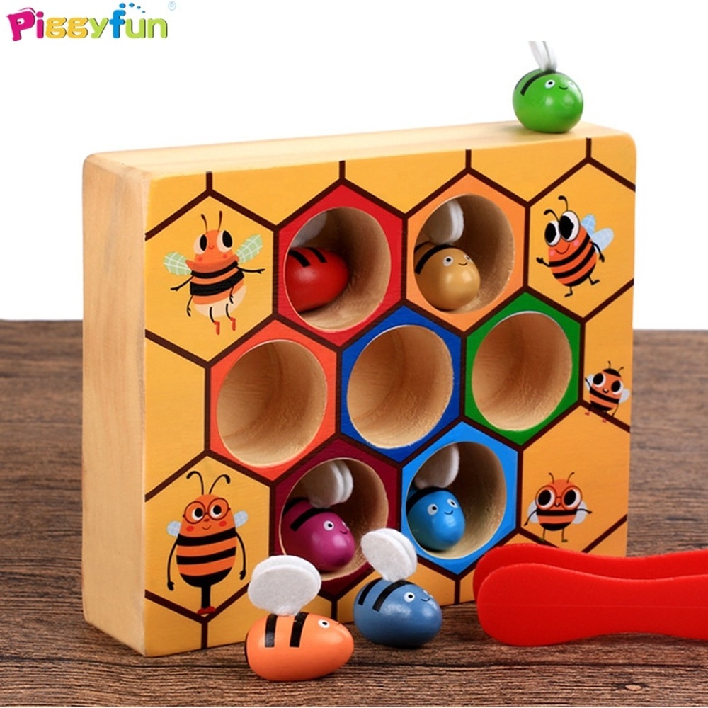 Early educational toddler game wooden lovely bee picking toy catching practices for baby