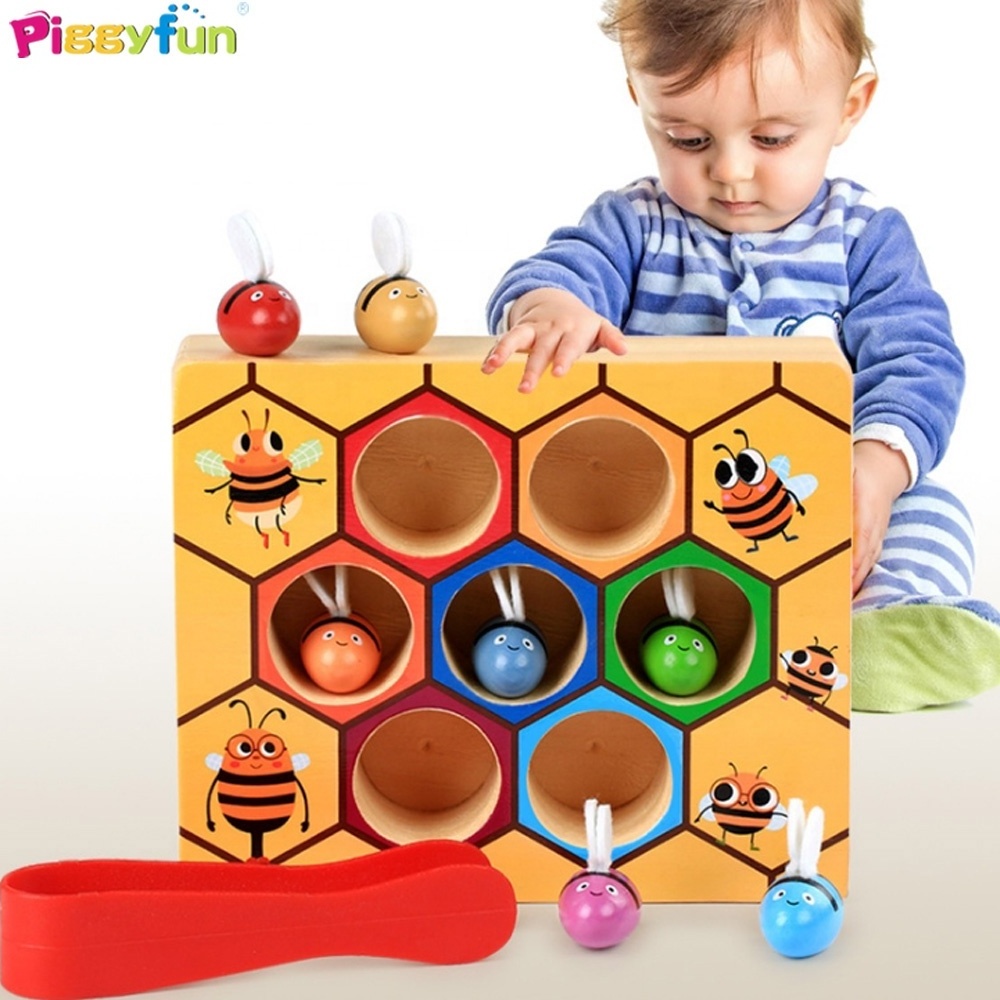 Early educational toddler game wooden lovely bee picking toy catching practices for baby