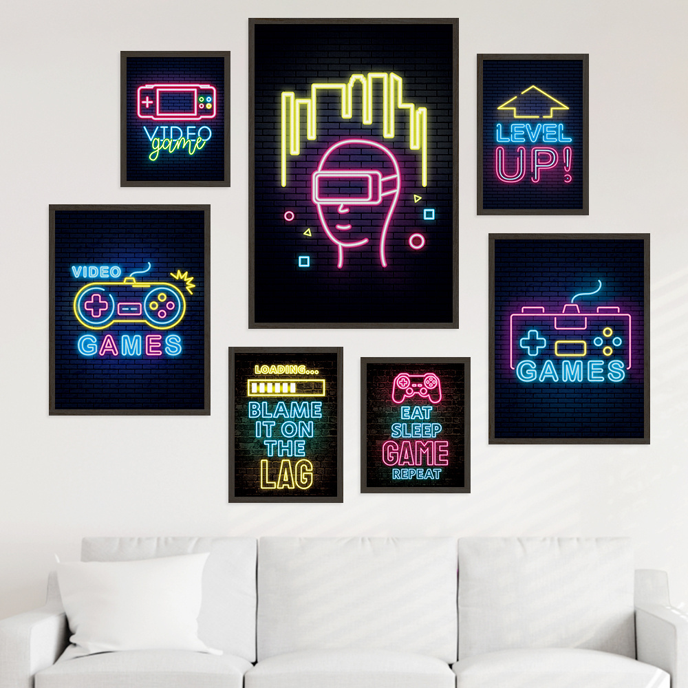 Home Decor Neon Gaming Art Posters Video Game Canvas Wall Art Gamepad Controller Man Cave Decor