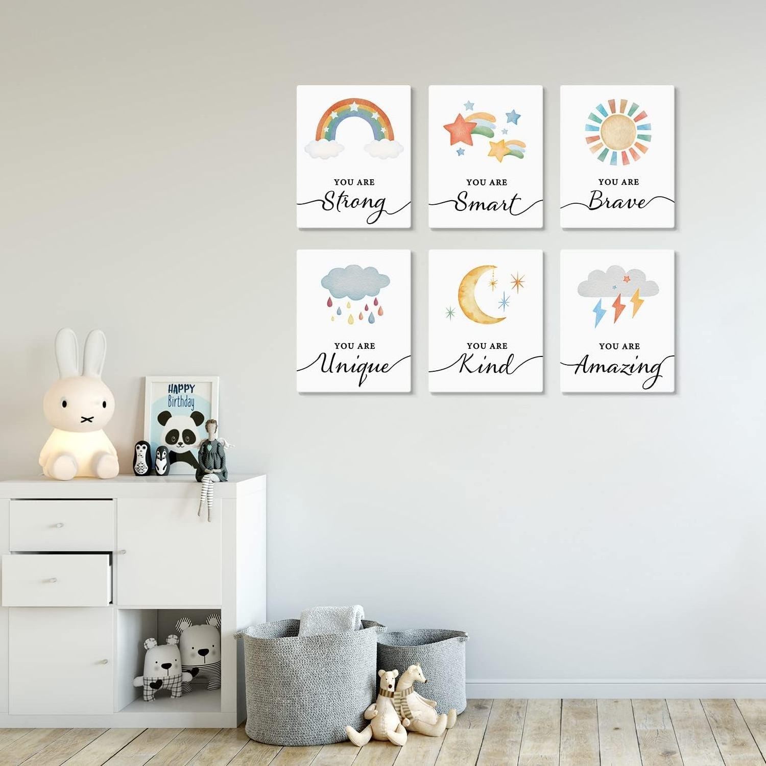 Colorful Rainbow Art Print Inspirational Set of 6 Pieces  Cartoon Weather Canvas Poster With Framed wall art decor for kids