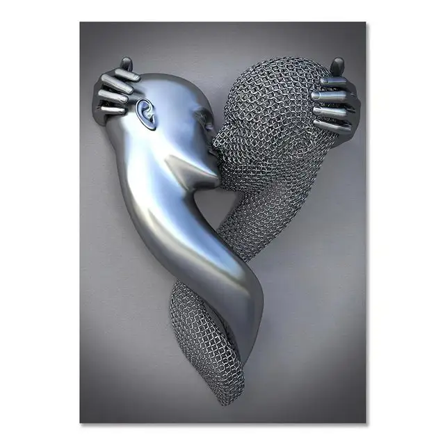 Modern Nordic Metal Figure Sculpture Poster Print Abstract Wall Art Canvas Painting Love Statue for Bedroom Decor