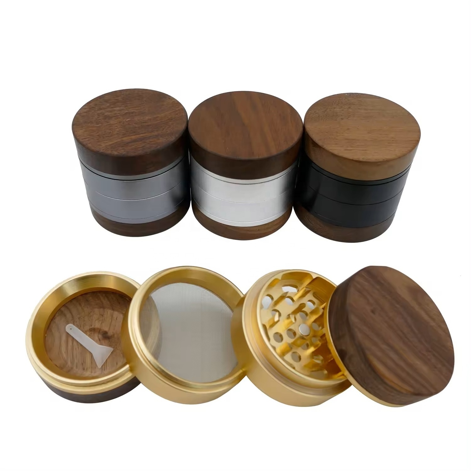 2024 new walnut wooden herb grinder 62MM  4-layers aircraft aluminum herbal grinder smoking accessories