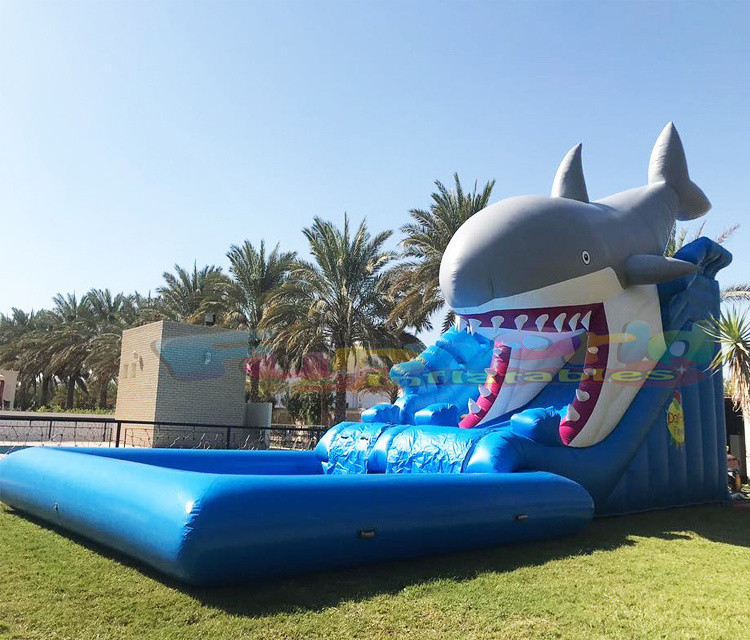 Dual lanes inflatable bounce house water slide bouncer tobogan inflable shark attack waterslide with pool