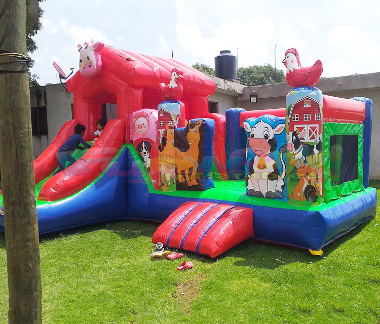 Double sided kids party jumpers commercial bouncing castle inflatable farm bounce house with slide