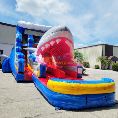 Dual lanes inflatable bounce house water slide bouncer tobogan inflable shark attack waterslide with pool