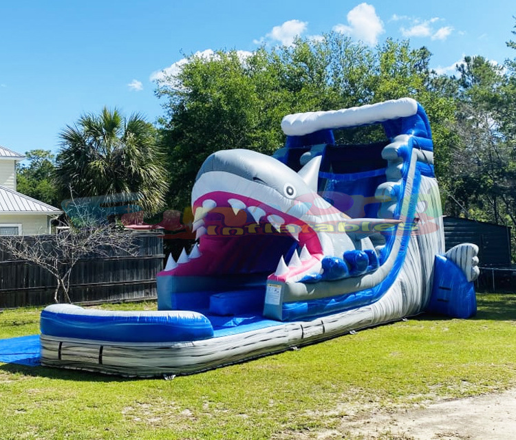 Dual lanes inflatable bounce house water slide bouncer tobogan inflable shark attack waterslide with pool