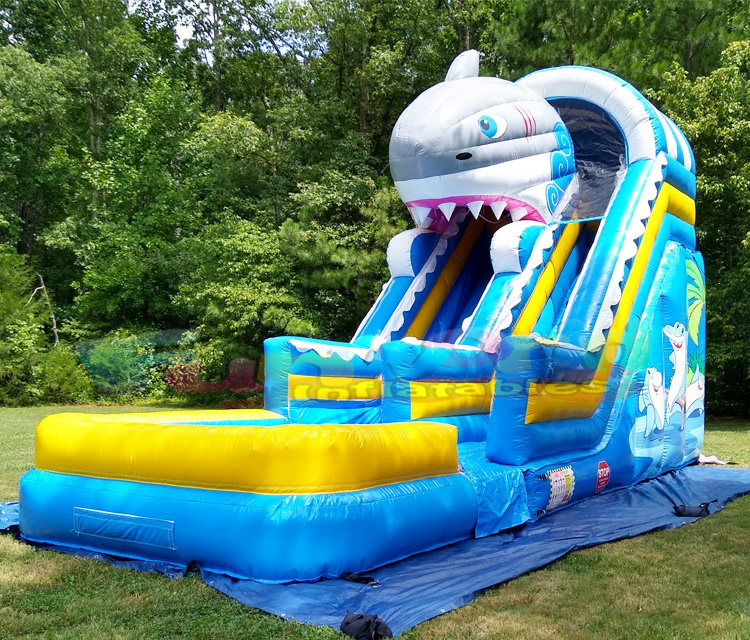 Dual lanes inflatable bounce house water slide bouncer tobogan inflable shark attack waterslide with pool