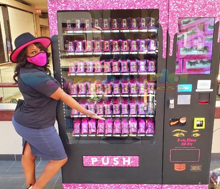 Customized pink touch screen vendor machine distribution automatique false eyelashes wigs nail vending machine