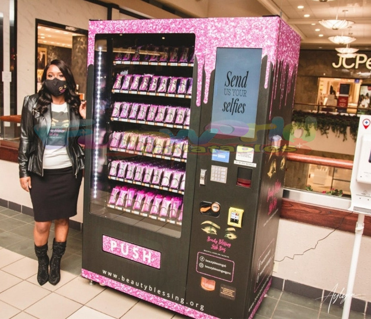 Customized pink touch screen vendor machine distribution automatique false eyelashes wigs nail vending machine