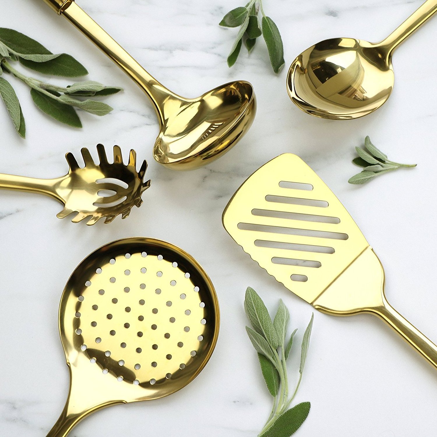 Stainless Steel Gold Cooking Utensils Set Spatula / Slotted Spoon