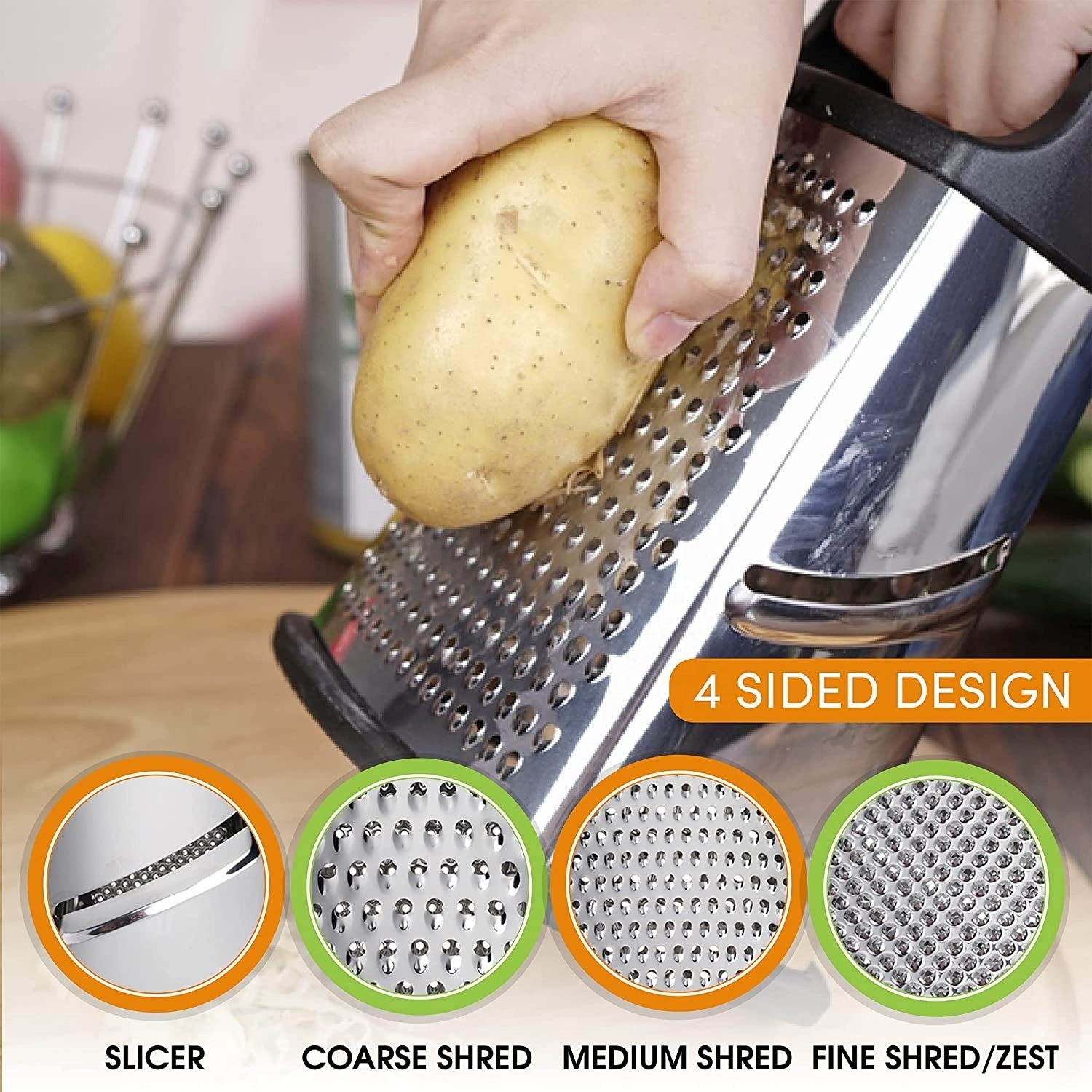 Professional Cheese Grater Stainless Steel XL Size 4 Sides Perfect Box Grater for Parmesan Cheese, Vegetables, Ginger Kitchen Gr