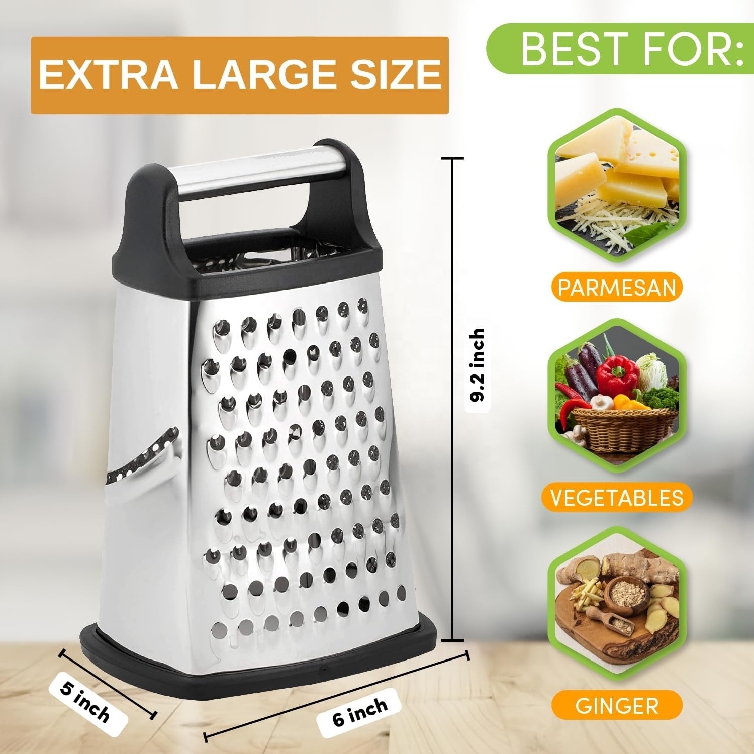 Professional Cheese Grater Stainless Steel XL Size 4 Sides Perfect Box Grater for Parmesan Cheese, Vegetables, Ginger Kitchen Gr