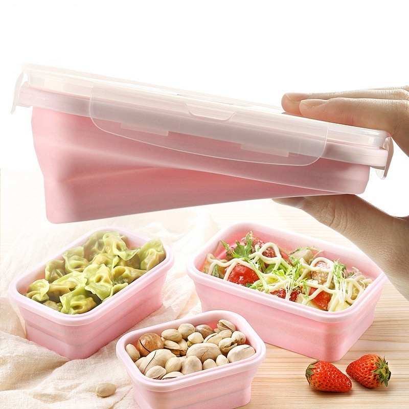 Rectangle microwave oven safe food storage container, collapsible silicone food warmer airtight bento lunch box with lock