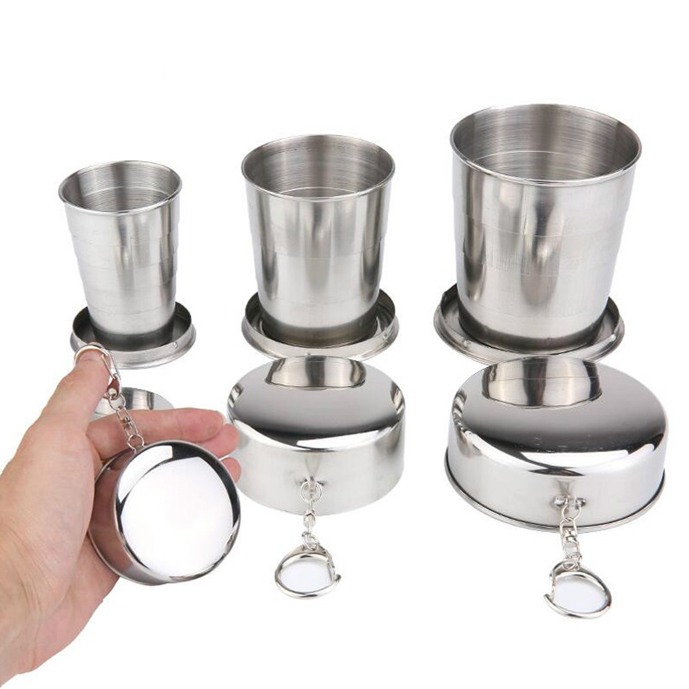 75/140ml Portable Stainless Steel Folding Cup With Keychain Retractable Telescopic Collapsible Cups For Outdoor Travel