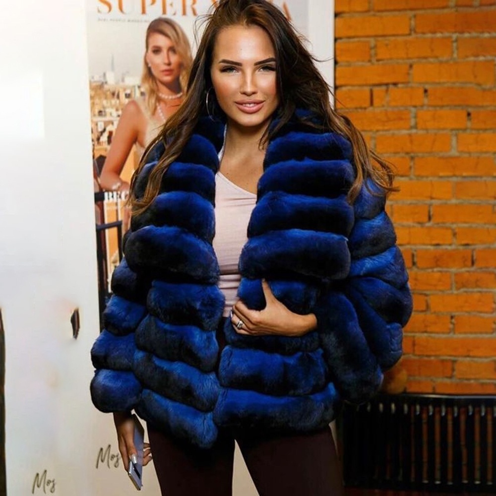 2023 Winter Rex Rabbit Jacket Real Fur Coat Big Turn-Collar Full Pelt Fur Chinchilla Color Coat Women Thicken Real Fur Overcoat