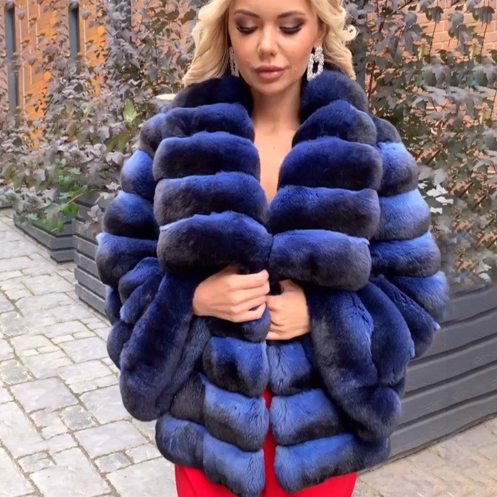 2023 Winter Rex Rabbit Jacket Real Fur Coat Big Turn-Collar Full Pelt Fur Chinchilla Color Coat Women Thicken Real Fur Overcoat