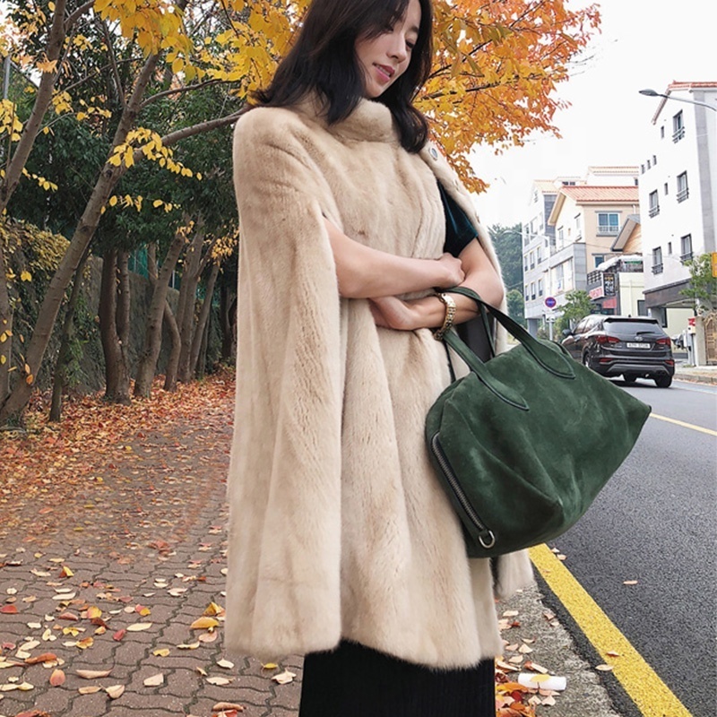 Imported Pearl Color Real Fur Coats Outerwear Shawl With Warm O-neck Collar Genuine Mink Fur Overcoats Warm Winter Fashion New