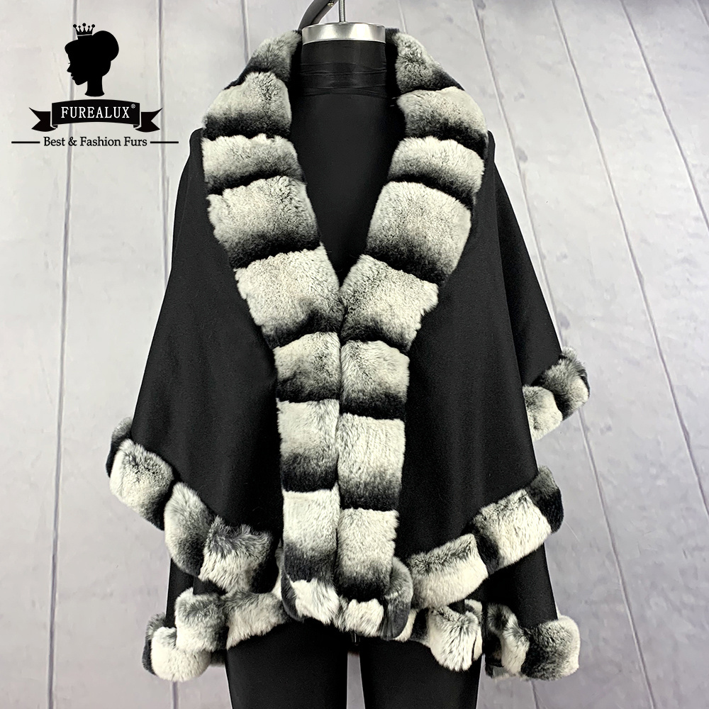 Woolen Women's Shawl Pure Natural Rex Rabbit Fur Decoration Women's Evening Shawl Fashionable And Trendy Genuine Fur Coat