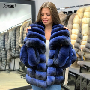 2023 Winter Rex Rabbit Jacket Real Fur Coat Big Turn-Collar Full Pelt Fur Chinchilla Color Coat Women Thicken Real Fur Overcoat