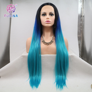 Furina Fashion Ombre black and blue synthetic wig premium synthetic lace front wigs long wavy wigs synthetic hair