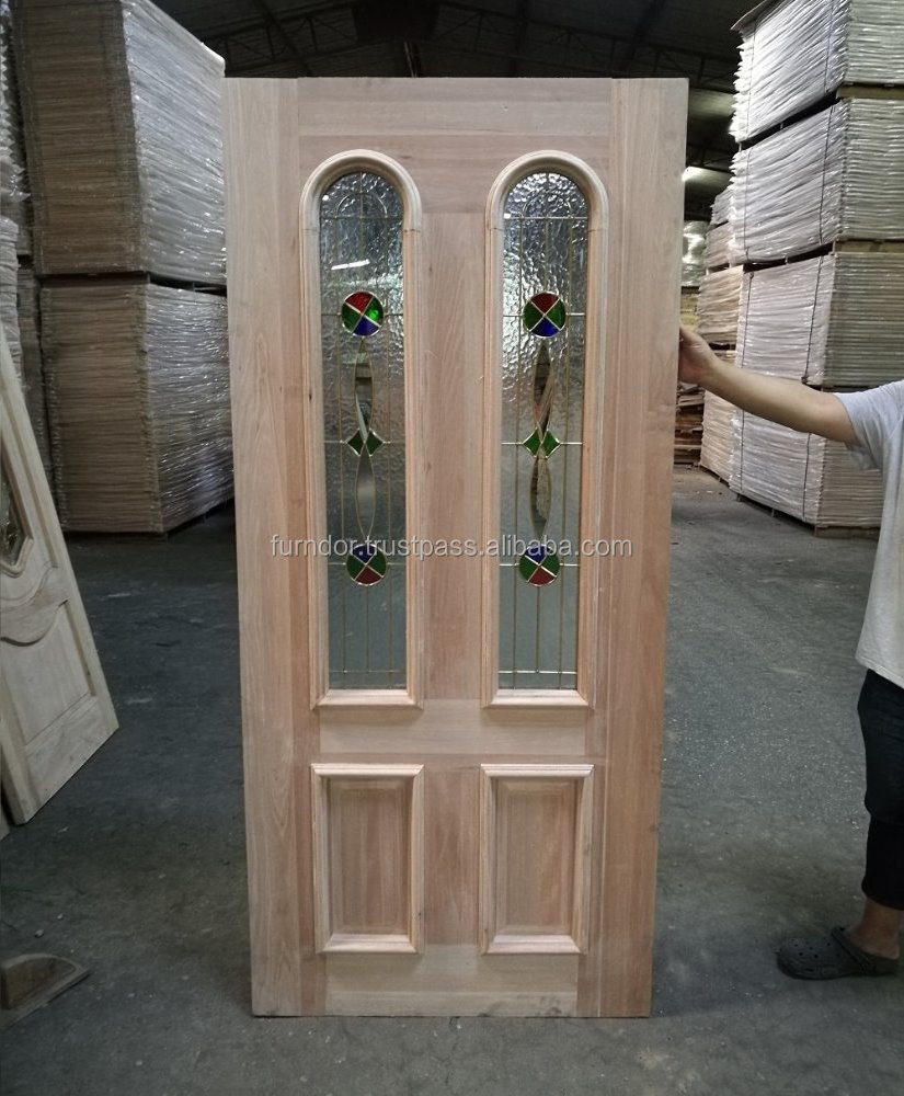 Suggested Minimalist Designed Door Solid Red Wood Decorative Art Glass Villa Entrance Restaurant Exterior Position Door