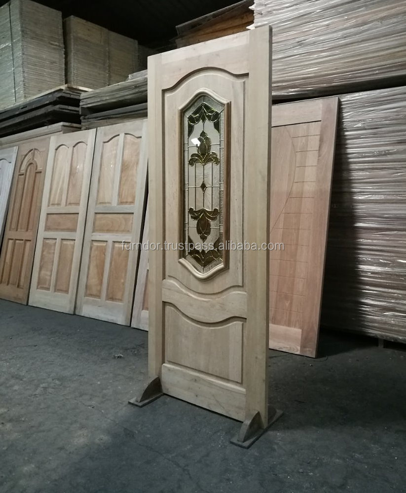 Suggested Minimalist Designed Door Solid Red Wood Decorative Art Glass Villa Entrance Restaurant Exterior Position Door