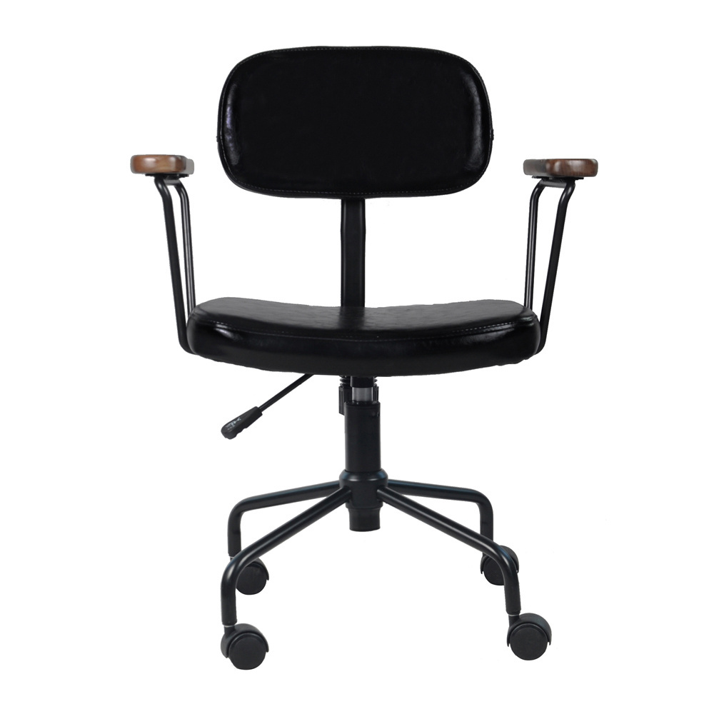 Modern Style Black PU Leather Adjustable Wooden Arm Leather Swivel Chair