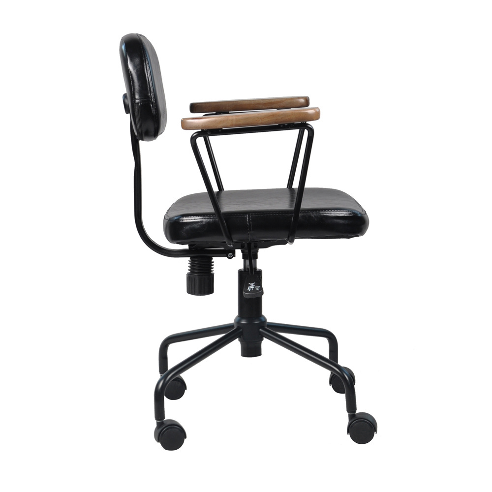 Modern Style Black PU Leather Adjustable Wooden Arm Leather Swivel Chair