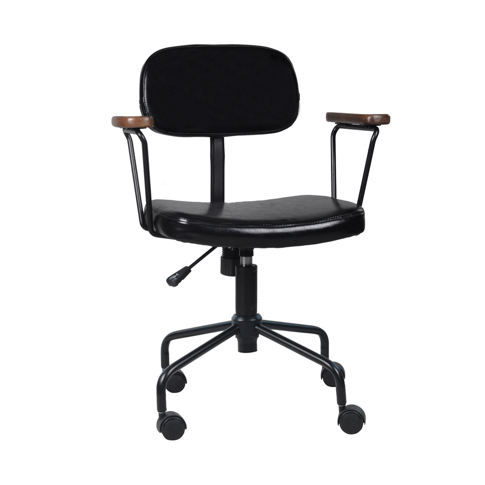 Modern Style Black PU Leather Adjustable Wooden Arm Leather Swivel Chair