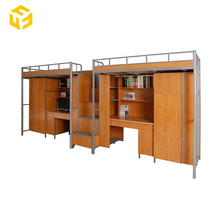 Home Apartment School Dormitory Furniture Children Wooden Metal Frame Student Double Bunk Bed With Desk and Storage Locker