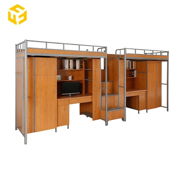 Home Apartment School Dormitory Furniture Children Wooden Metal Frame Student Double Bunk Bed With Desk and Storage Locker