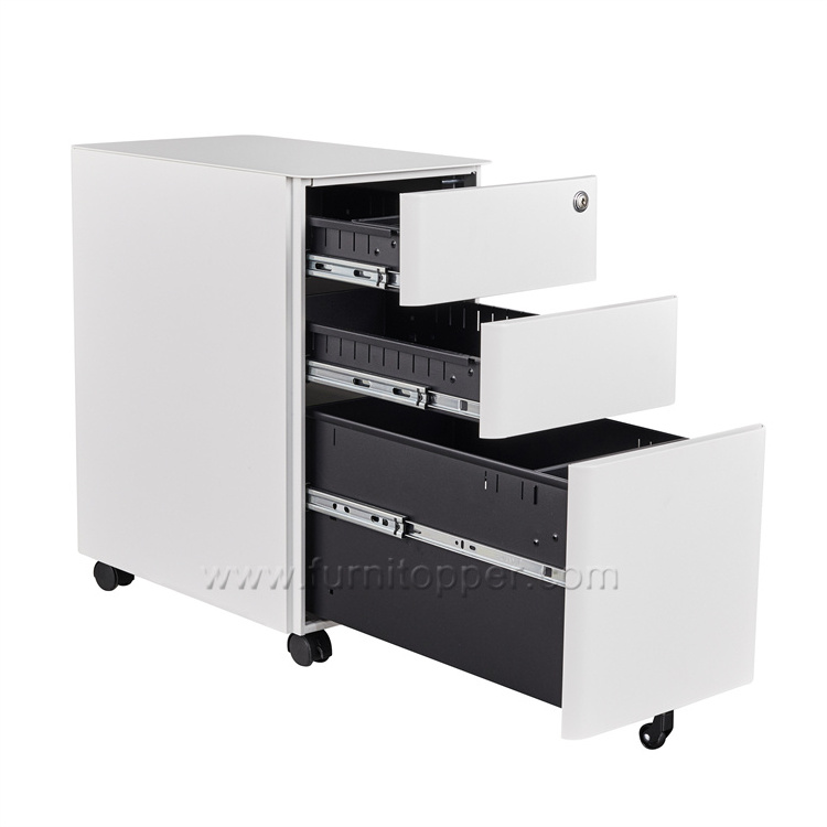 Customized Office Round Edge Mobile Pedestal Metal File Cabinet Vertical  Movable Steel 3 Drawer Cabinet With Wheels