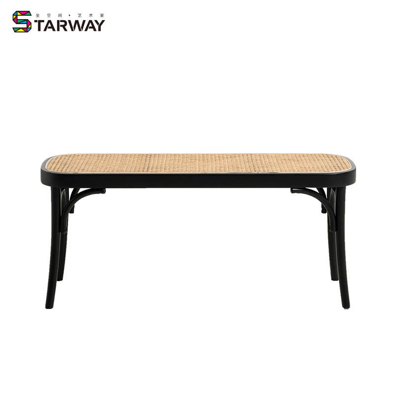 Wholesale Vintage Shoe Changing Long natural Rattan Stool Base Wooden Frame  Garden Patio wicker Benches Wood Cane Bench DC-1700