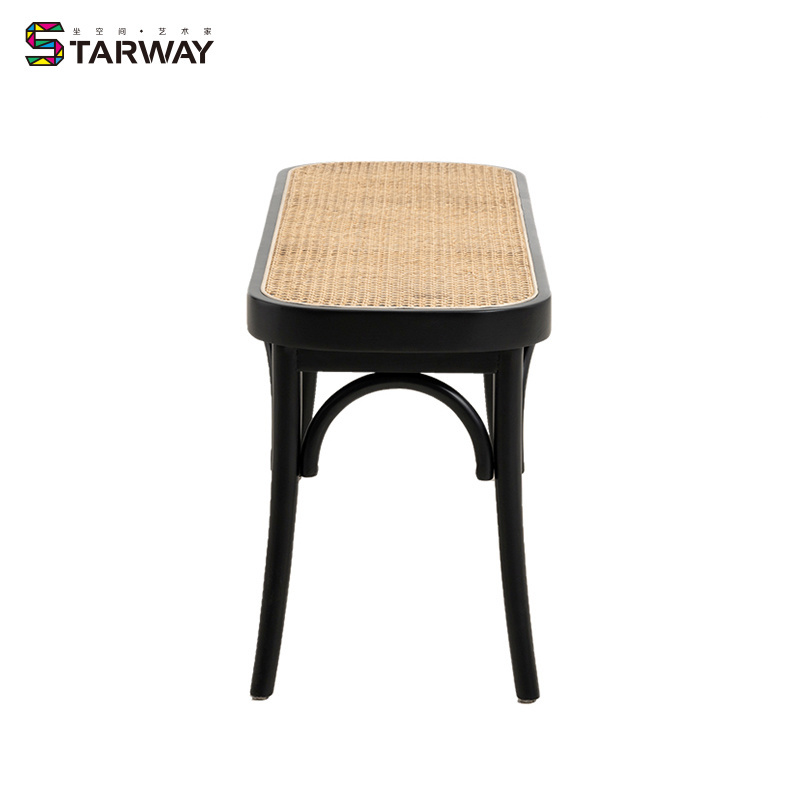 Wholesale Vintage Shoe Changing Long natural Rattan Stool Base Wooden Frame  Garden Patio wicker Benches Wood Cane Bench DC-1700