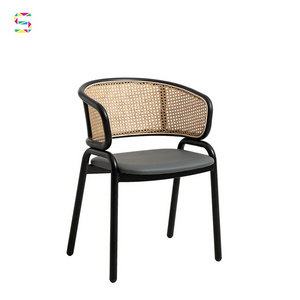 Woven Rattan Back Cafe Living Room Pu Leather Cushion Upholstered Sillas Comedor Cane Restaurant Dining Wood Chair  Furniture