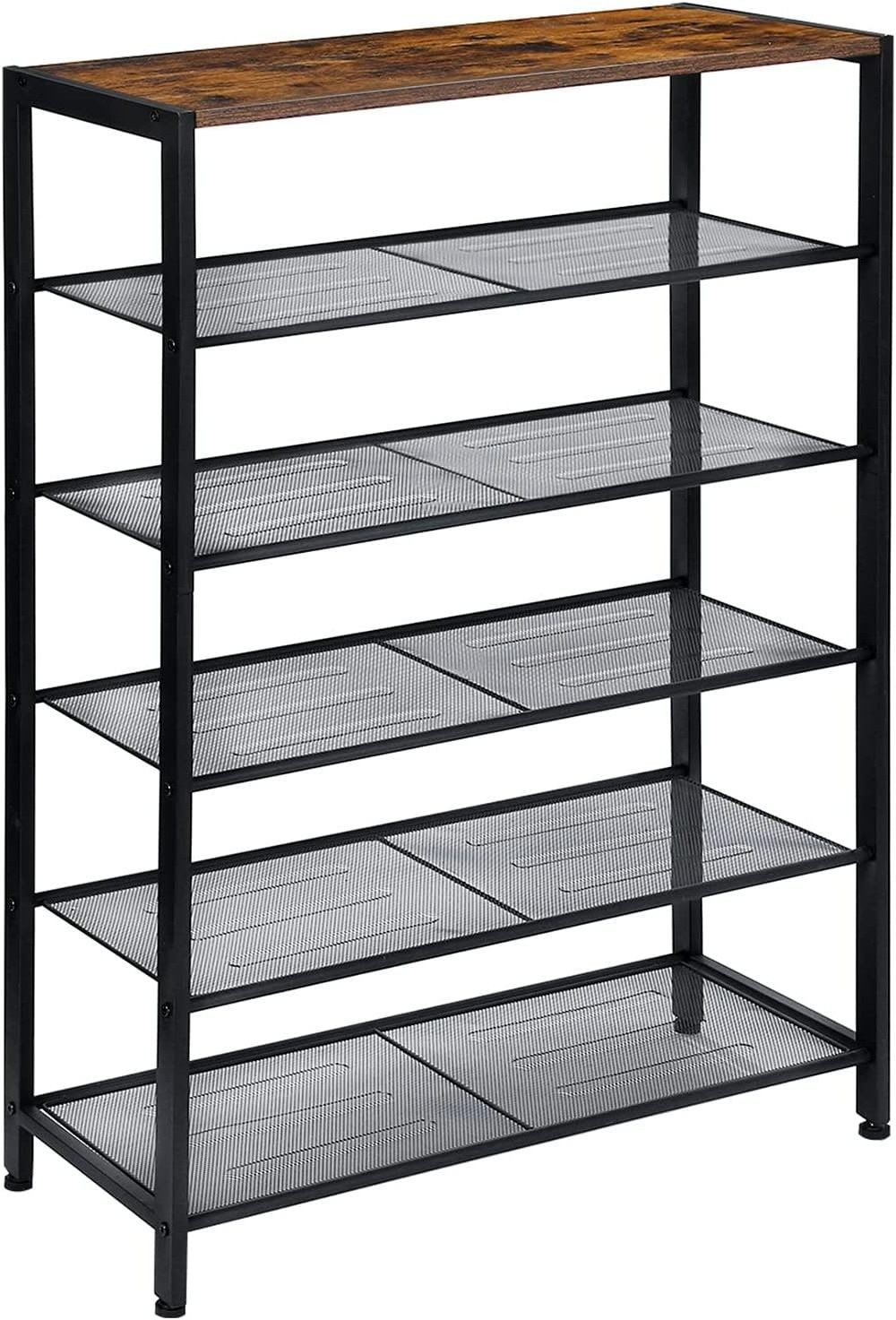 Shoe Rack for Entryway 6-Tier Wooden Shoe rack with Large Top 5 Metal Shoe Shelves Adjustable Protecting Feet