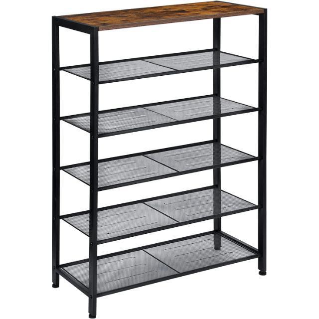 Shoe Rack for Entryway 6-Tier Wooden Shoe rack with Large Top 5 Metal Shoe Shelves Adjustable Protecting Feet