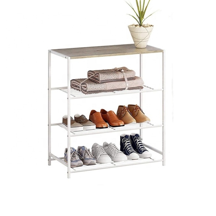 Custom Modern Multi-Layer Black Frame Wooden Shoe Storage Shelf Rack Stand Simple Home Organizer for Living Room Bedroom Hotel