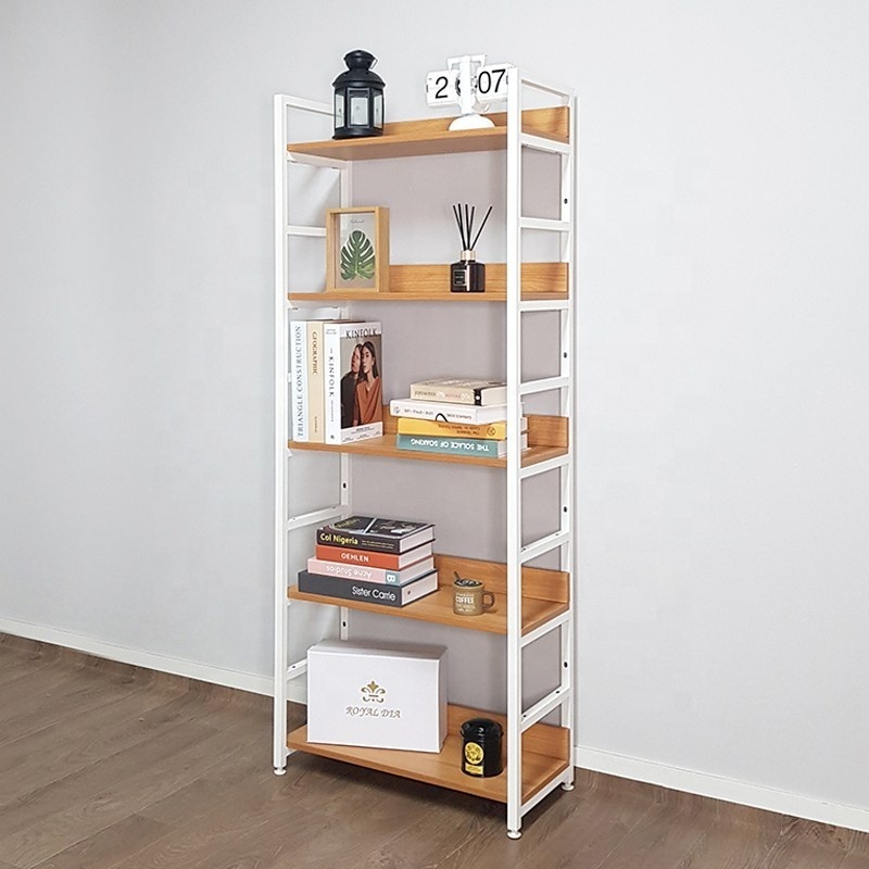 Wholesale Black 5 Tier Storage Wood Bookcase Contemporary Book Shelf Bookshelf Metal Wooden