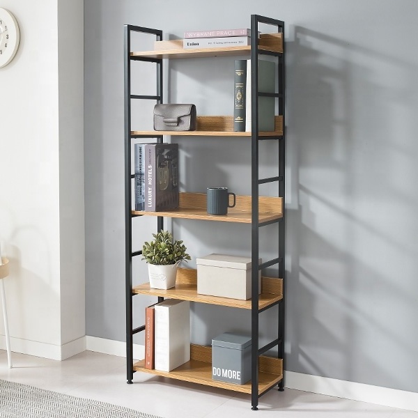 Wholesale Black 5 Tier Storage Wood Bookcase Contemporary Book Shelf Bookshelf Metal Wooden