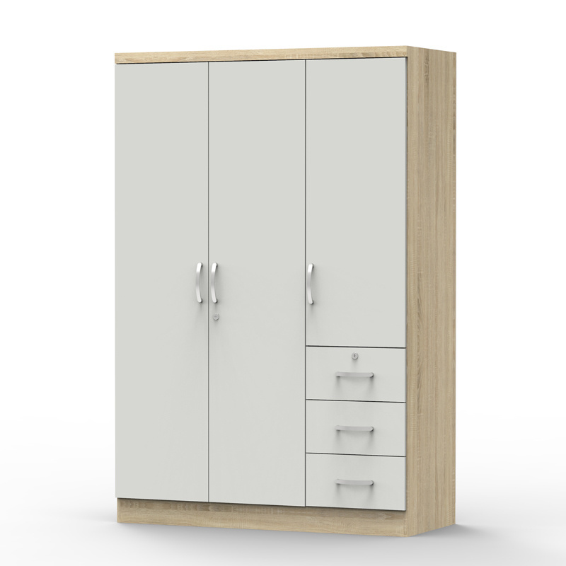 Classic and Simple 3 Door 3 Lockable Drawer Wardrobe Design used for Storage, Closet and Bedroom Furniture With Key 12_0054