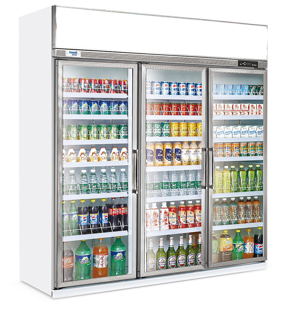 Factory WholeSale High Quality Meat Beverage Upright Glass 3-Door Display Cooler