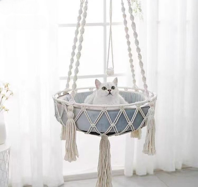 Cat Hammock Handwoven Cat Swing Bed Wall Hanging Window Perch with Washed Cotton Mat & Tassel Basket Tapestry for Indoor Cats