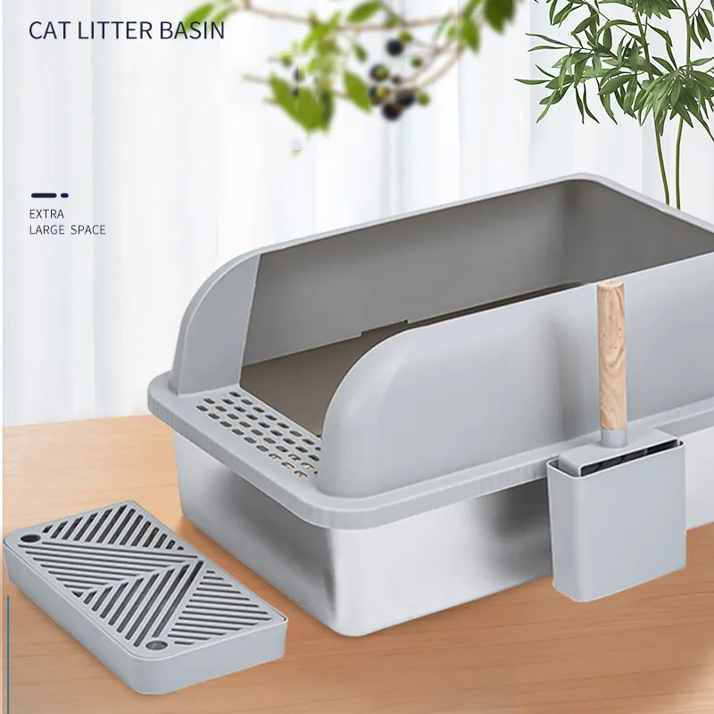 Stainless Steel Cat Litter Box With High Lid And Footboard  Scoop Cat Litter Big Box Semi-Automatic Quick Cleaning