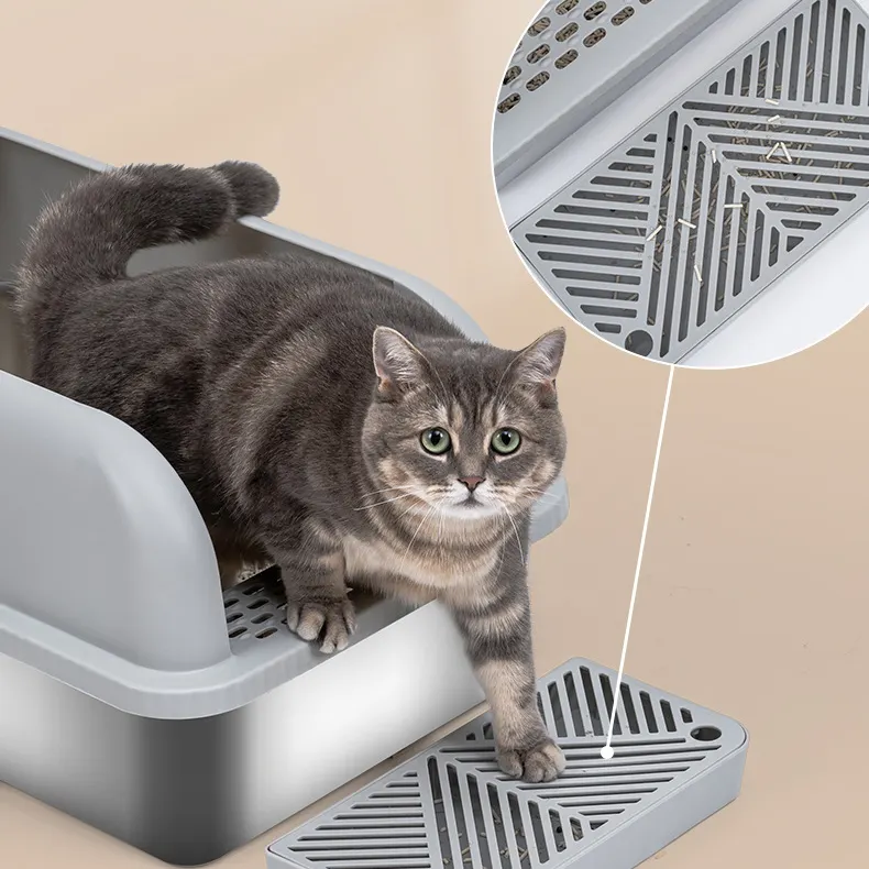 Stainless Steel Cat Litter Box With High Lid And Footboard  Scoop Cat Litter Big Box Semi-Automatic Quick Cleaning