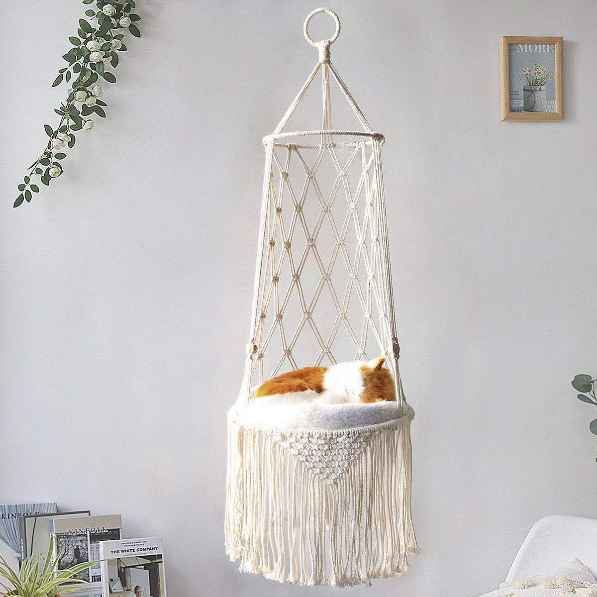 Cat Hammock Handwoven Cat Swing Bed Wall Hanging Window Perch with Washed Cotton Mat & Tassel Basket Tapestry for Indoor Cats