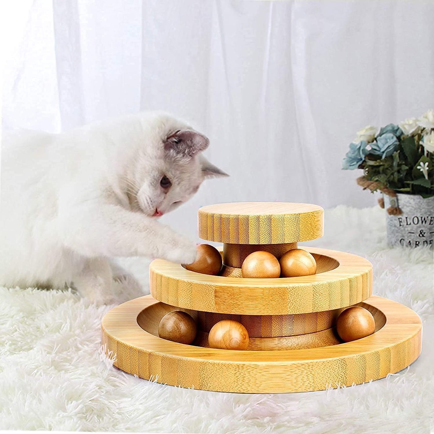 Interactive Wooden Cat Toy Bamboo Double Layer Rotating Smart Track Ball Cat Swing Roller Gifts Interactive rolling cat toy